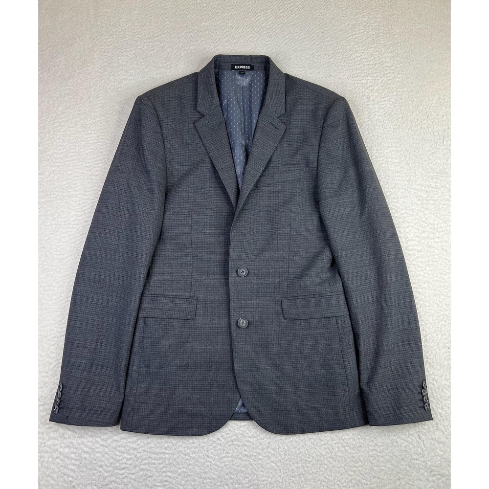Express Suit Jacket Mens 36R Gray Wool Check Extra Slim Stretch 2 Button